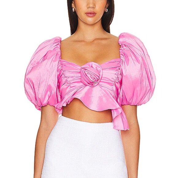 NWT FOR LOVE AND LEMONS JUDITH PINK SATIN CROPPED BLOUSE TOP SIZE S - Picture 2 of 8